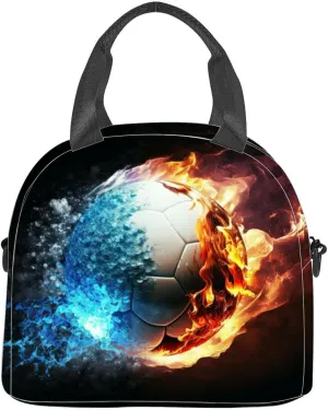 fast flying burning soccer ball fire and ice dark Generative Insulated Adult Lunch Bag with Shoulder Strap for Women Lightweight Reusable Portable Freezable Lunch Tote Bag for Work Picnic