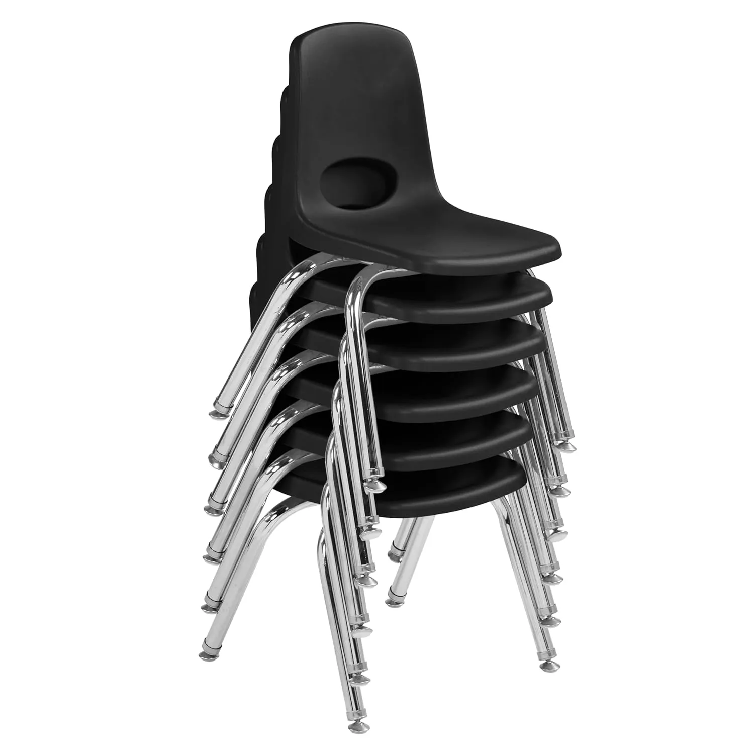 FDP 12" School Stack Chair, Stacking Student Seat with Chromed Steel Legs and Nylon Swivel Glides; For In-Home Learning or Classroom - Black (6-Pack), 10360-BK