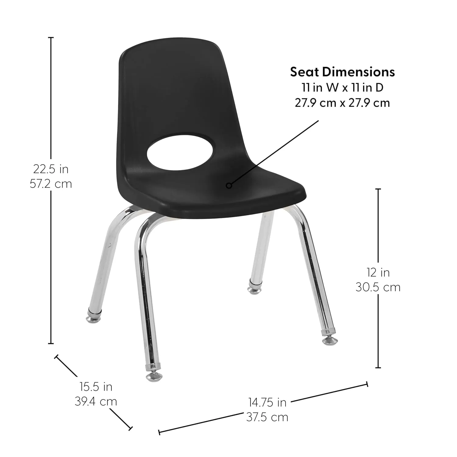 FDP 12" School Stack Chair, Stacking Student Seat with Chromed Steel Legs and Nylon Swivel Glides; For In-Home Learning or Classroom - Black (6-Pack), 10360-BK