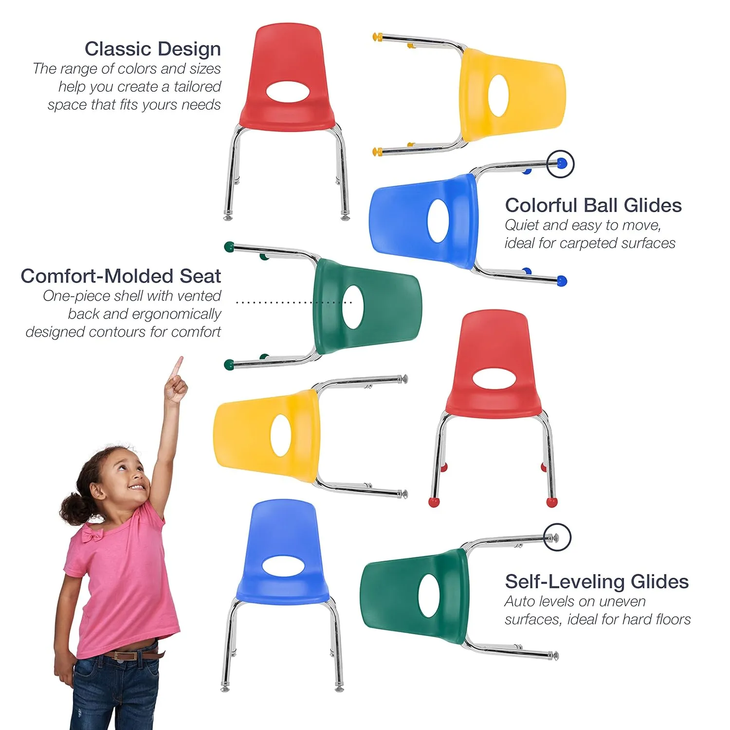 FDP 14" School Stack Chair, Stacking Student Seat with Chromed Steel Legs and Nylon Swivel Glides; For In-Home Learning or Classroom - Assorted (4-Pack), 14006-AS