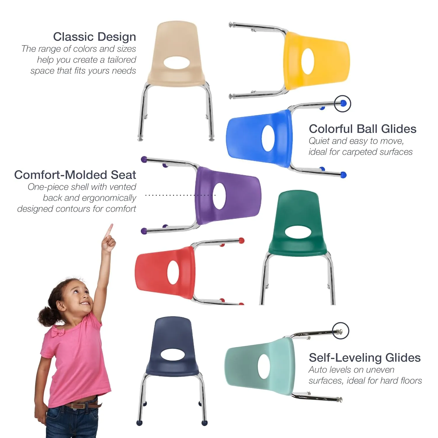 FDP 16" School Stack Chair, Stacking Student Seat with Chromed Steel Legs and Ball Glides; For In-Home Learning or Classroom - Blue (6-Pack), 10367-BL