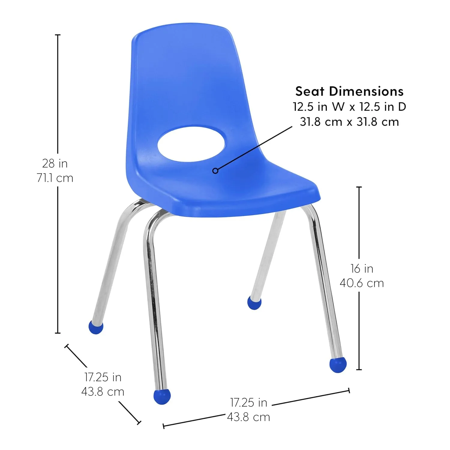 FDP 16" School Stack Chair, Stacking Student Seat with Chromed Steel Legs and Ball Glides; For In-Home Learning or Classroom - Blue (6-Pack), 10367-BL