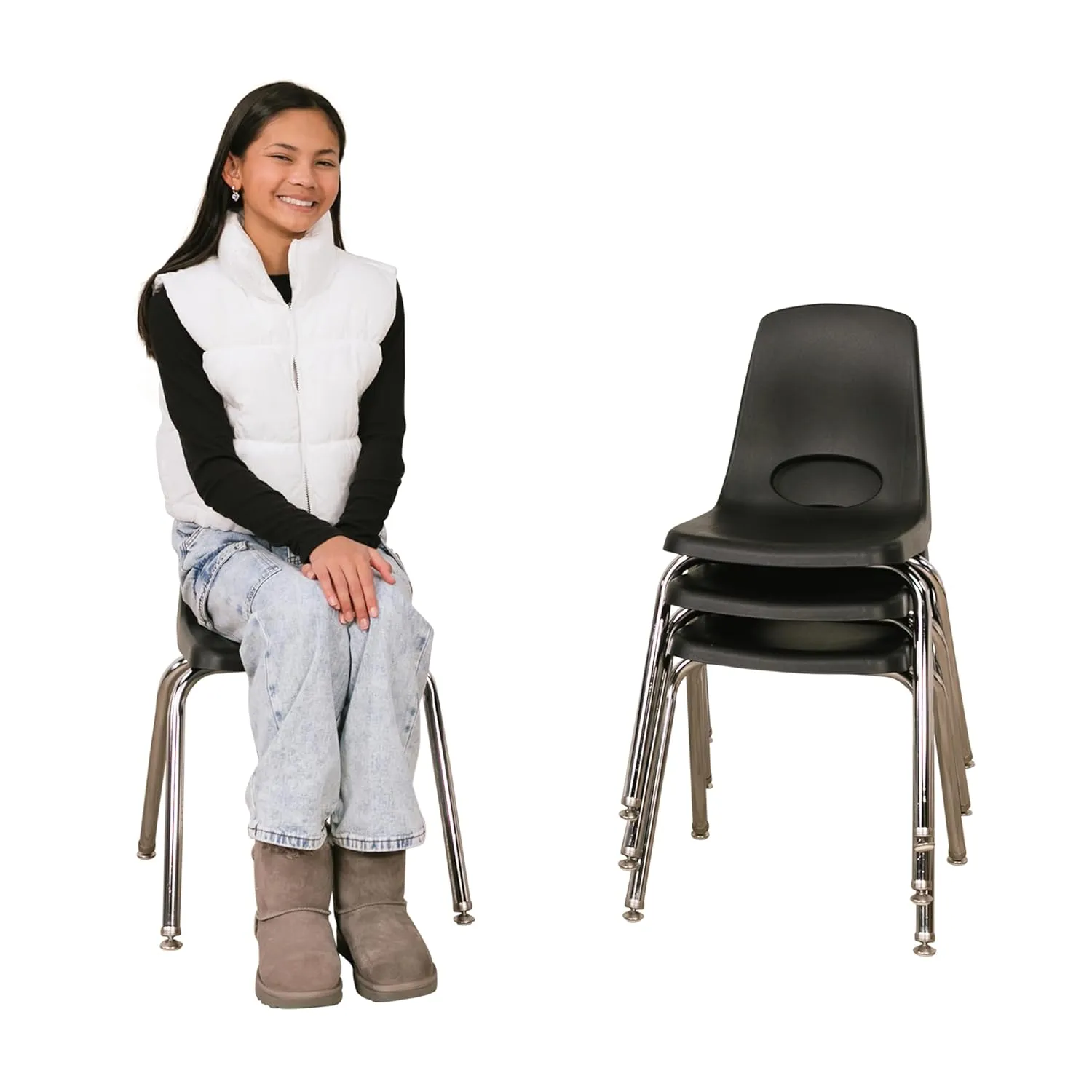 FDP 16" School Stack Chair, Stacking Student Seat with Chromed Steel Legs and Nylon Swivel Glides; for in-Home Learning or Classroom - Black (4-Pack), 10383-BK