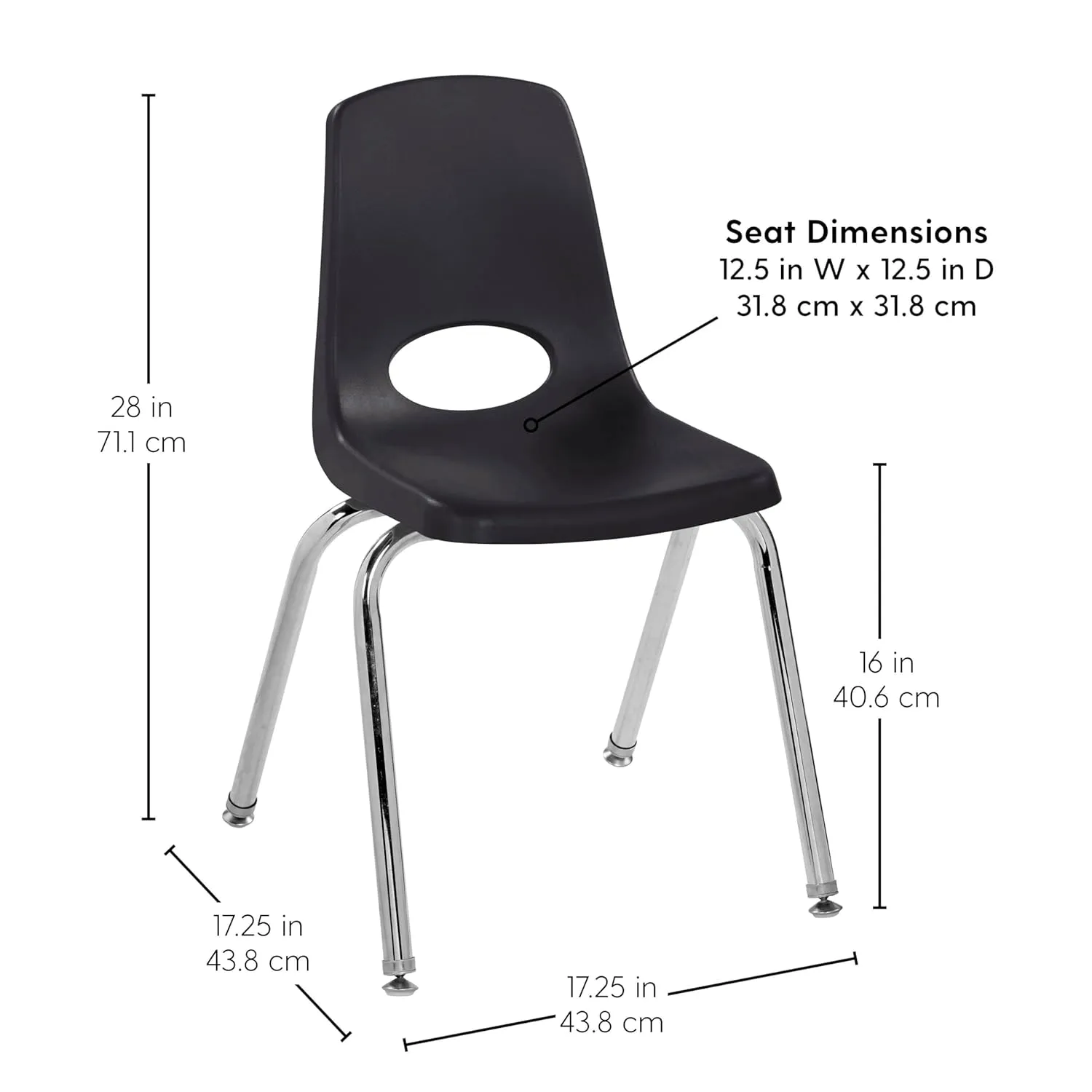 FDP 16" School Stack Chair, Stacking Student Seat with Chromed Steel Legs and Nylon Swivel Glides; for in-Home Learning or Classroom - Black (4-Pack), 10383-BK