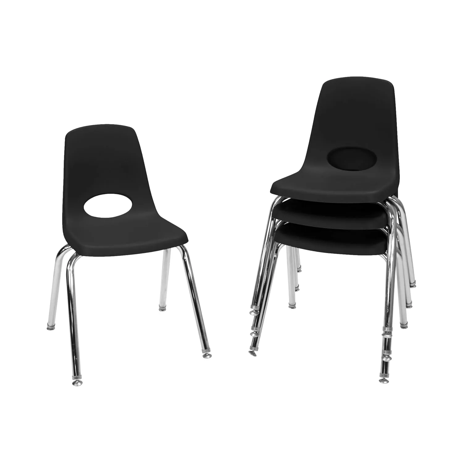 FDP 16" School Stack Chair, Stacking Student Seat with Chromed Steel Legs and Nylon Swivel Glides; for in-Home Learning or Classroom - Black (4-Pack), 10383-BK
