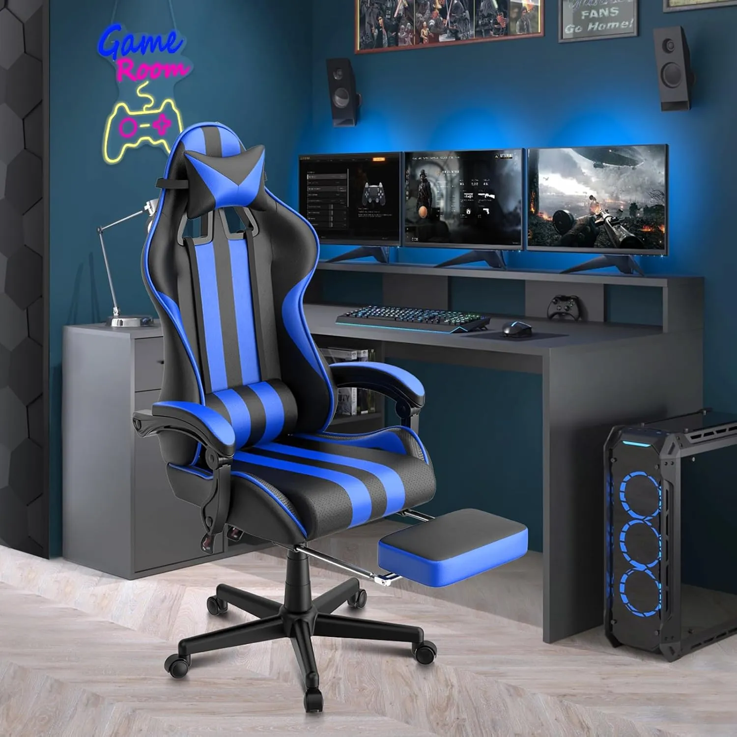 Ferghana Blue Gaming Chairs with Footrest,Computer Game Chair,Massage Gaming Chairs,Christmas,Xmas Gift,PC Gaming Chairs for Adults Teens for Gaming Live Streaming Room