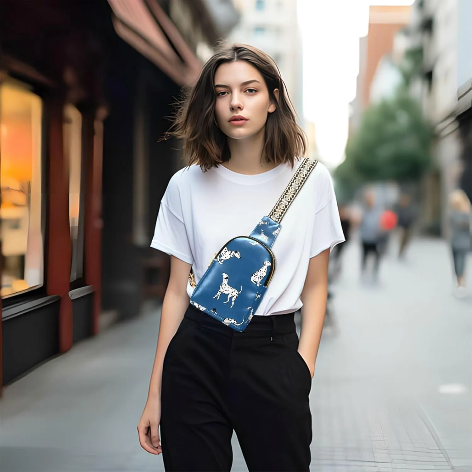 Fisyme Dogs Dalmatian Blue Small Sling Bag for Women Fashion Waist Packs Leather Crossbody Fanny Pack Purse for Travel