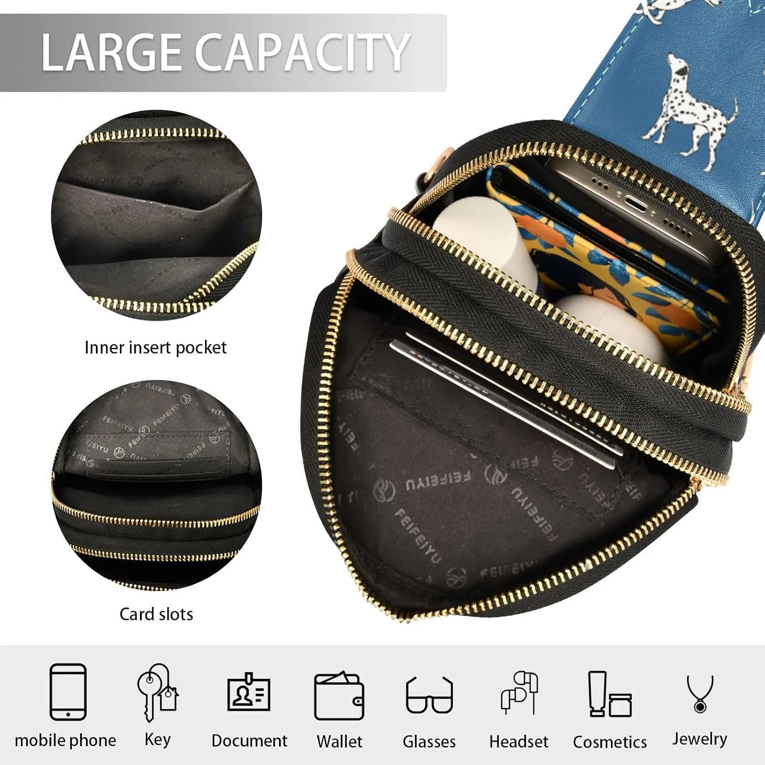 Fisyme Dogs Dalmatian Blue Small Sling Bag for Women Fashion Waist Packs Leather Crossbody Fanny Pack Purse for Travel