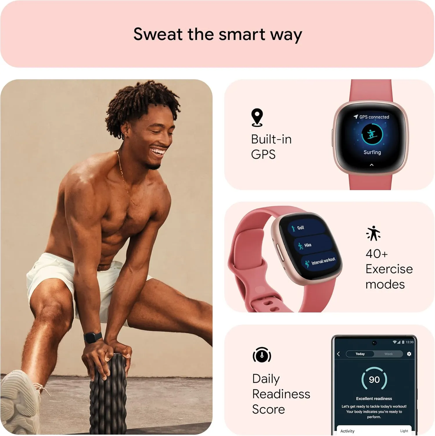 Fitbit Versa 4 Fitness Smartwatch with Daily Readiness, GPS, 24/7 Heart Rate, 40  Exercise Modes, Sleep Tracking and more, Pink Sand/Copper Rose, One Size (S & L Bands Included)