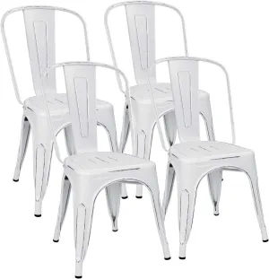 Flamaker Metal Dining Chairs Indoor-Outdoor Use Stackable Side Chairs with Back Industrial Kitchen Classic Trattoria Chair Set of 4 (Distressed White)