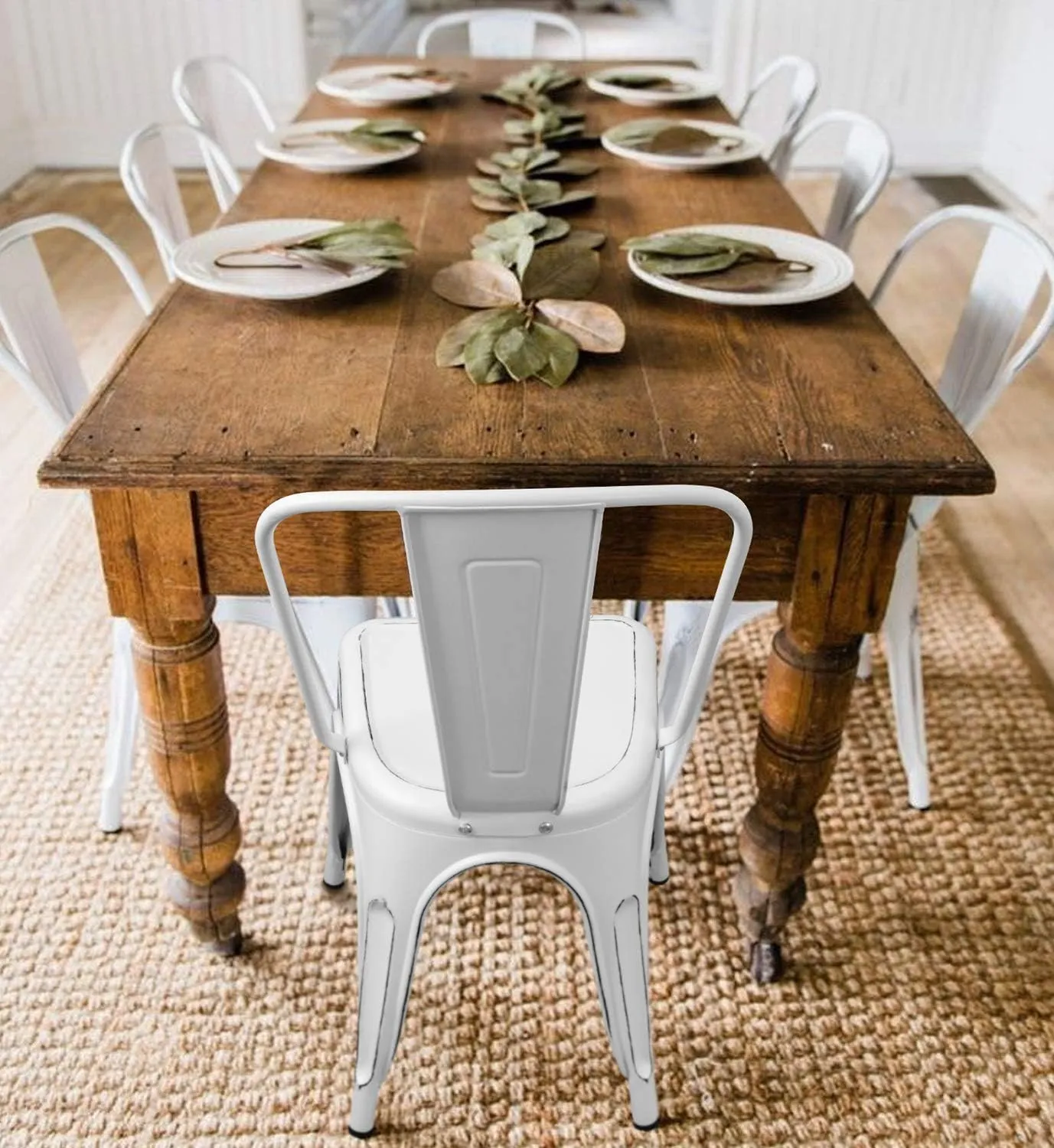 Flamaker Metal Dining Chairs Indoor-Outdoor Use Stackable Side Chairs with Back Industrial Kitchen Classic Trattoria Chair Set of 4 (Distressed White)