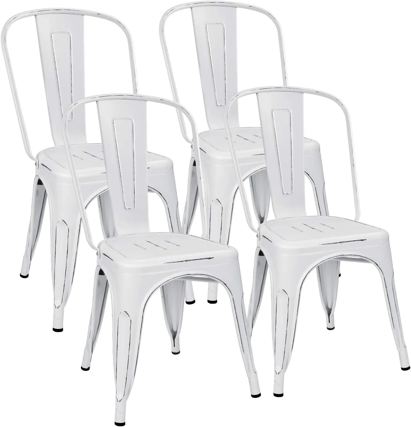 Flamaker Metal Dining Chairs Indoor-Outdoor Use Stackable Side Chairs with Back Industrial Kitchen Classic Trattoria Chair Set of 4 (Distressed White)