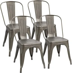 Flamaker Metal Dining Chairs - Stackable Kitchen & Restaurant Side Chairs, Set of 4 (Gun Metal)