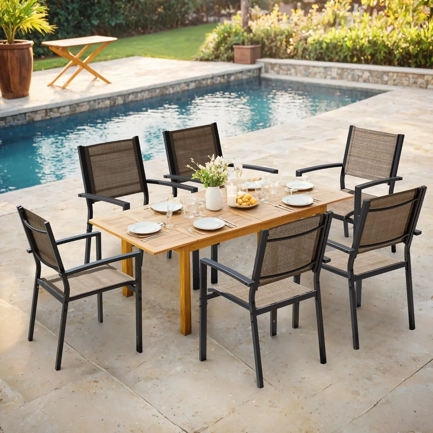 Flamaker Patio Chairs Textilene Outdoor Chairs Set of 6 Stackable Dining Chair for Backyard, Deck (Brown)