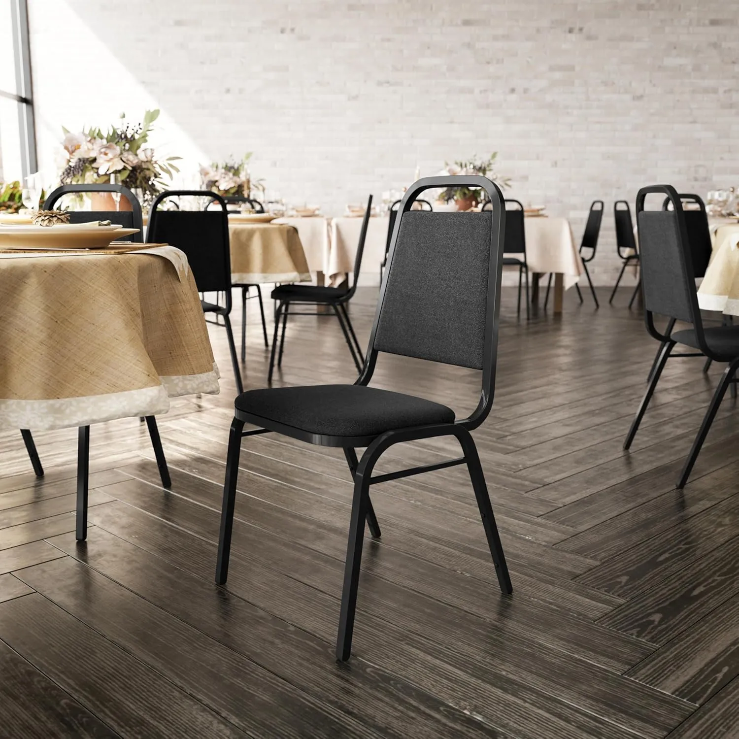 Flash Furniture 4 Pack Hercules Series Trapezoidal Back Stacking Banquet Chair in Black Fabric - Black Frame