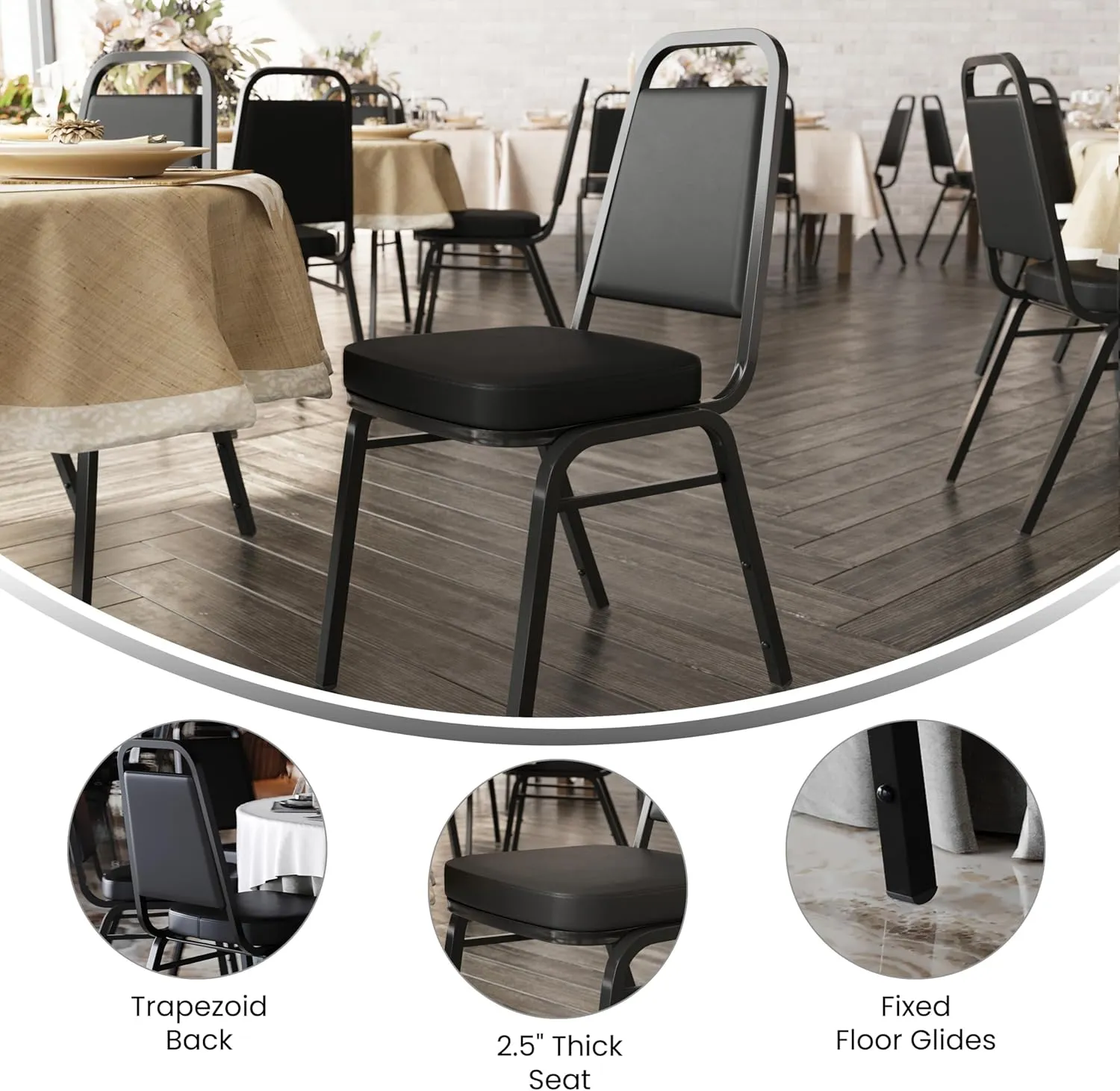 Flash Furniture 4 Pack Hercules Series Trapezoidal Back Stacking Banquet Chair, Set of 4, Black Vinyl/Black Frame