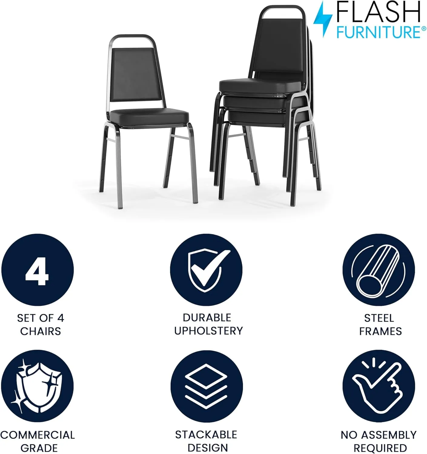 Flash Furniture 4 Pack Hercules Series Trapezoidal Back Stacking Banquet Chair, Set of 4, Black Vinyl/Black Frame