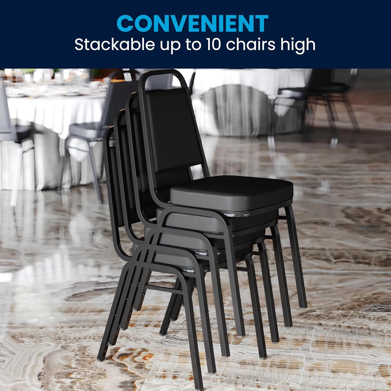 Flash Furniture 4 Pack Hercules Series Trapezoidal Back Stacking Banquet Chair, Set of 4, Black Vinyl/Black Frame
