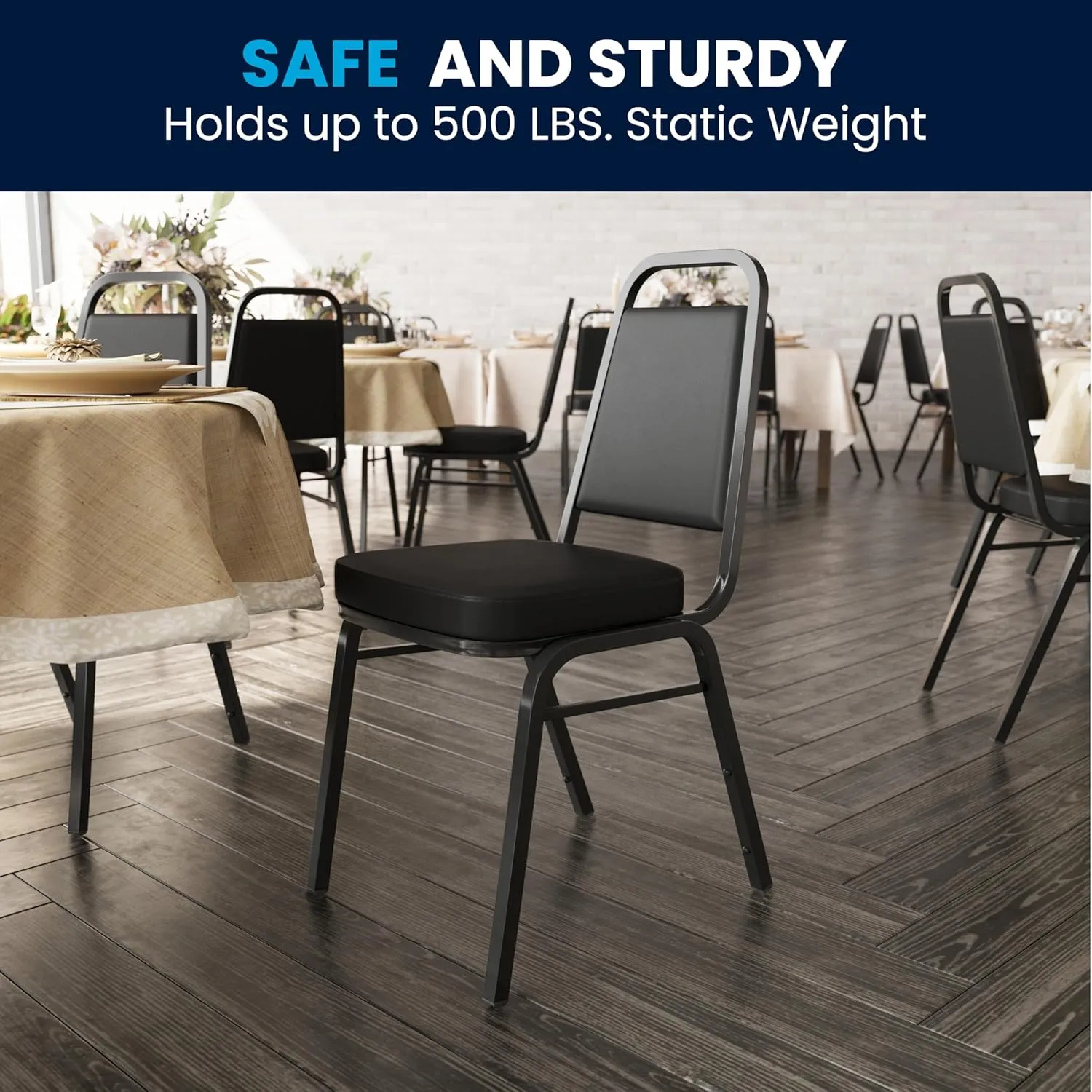 Flash Furniture 4 Pack Hercules Series Trapezoidal Back Stacking Banquet Chair, Set of 4, Black Vinyl/Black Frame