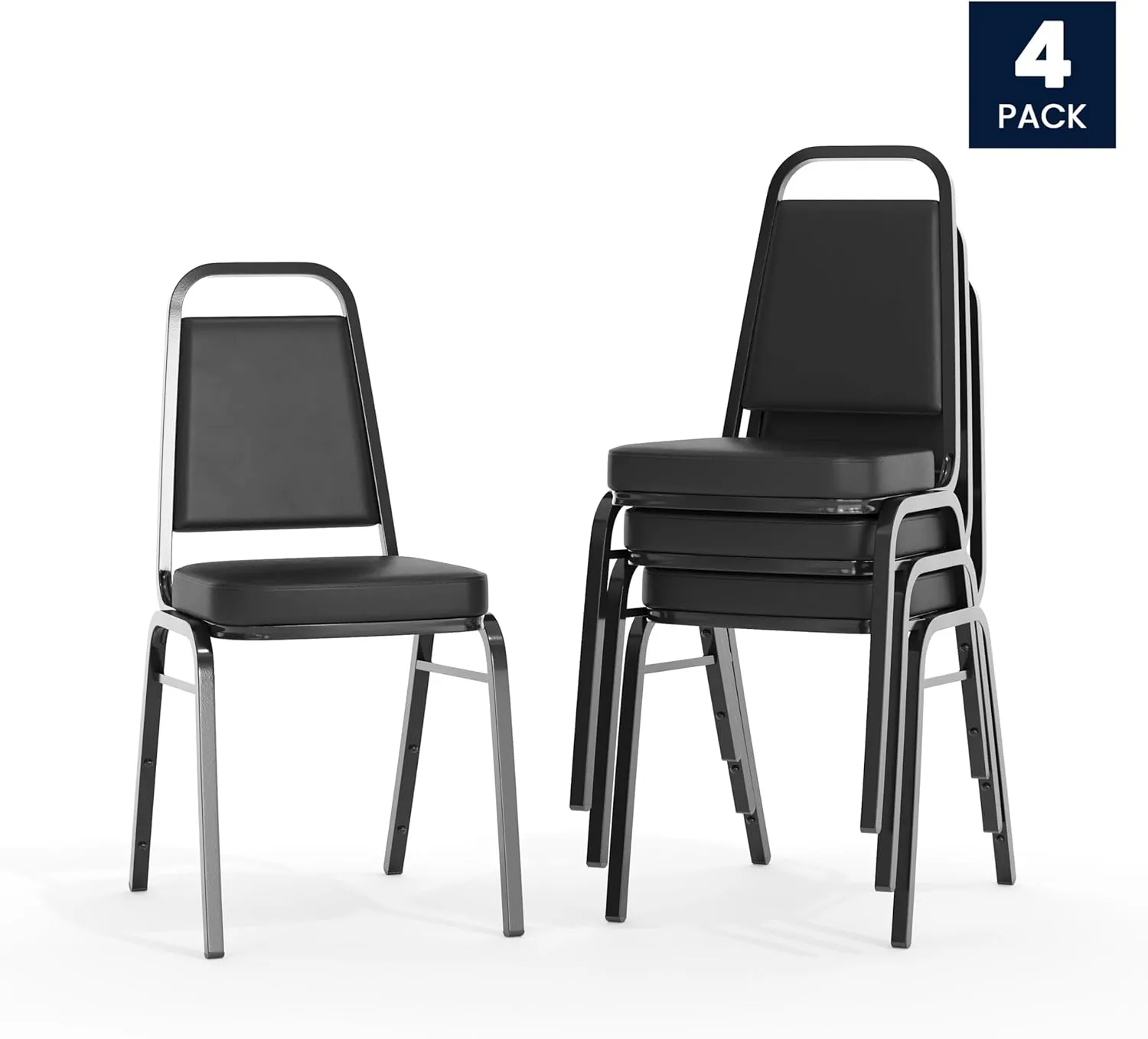 Flash Furniture 4 Pack Hercules Series Trapezoidal Back Stacking Banquet Chair, Set of 4, Black Vinyl/Black Frame