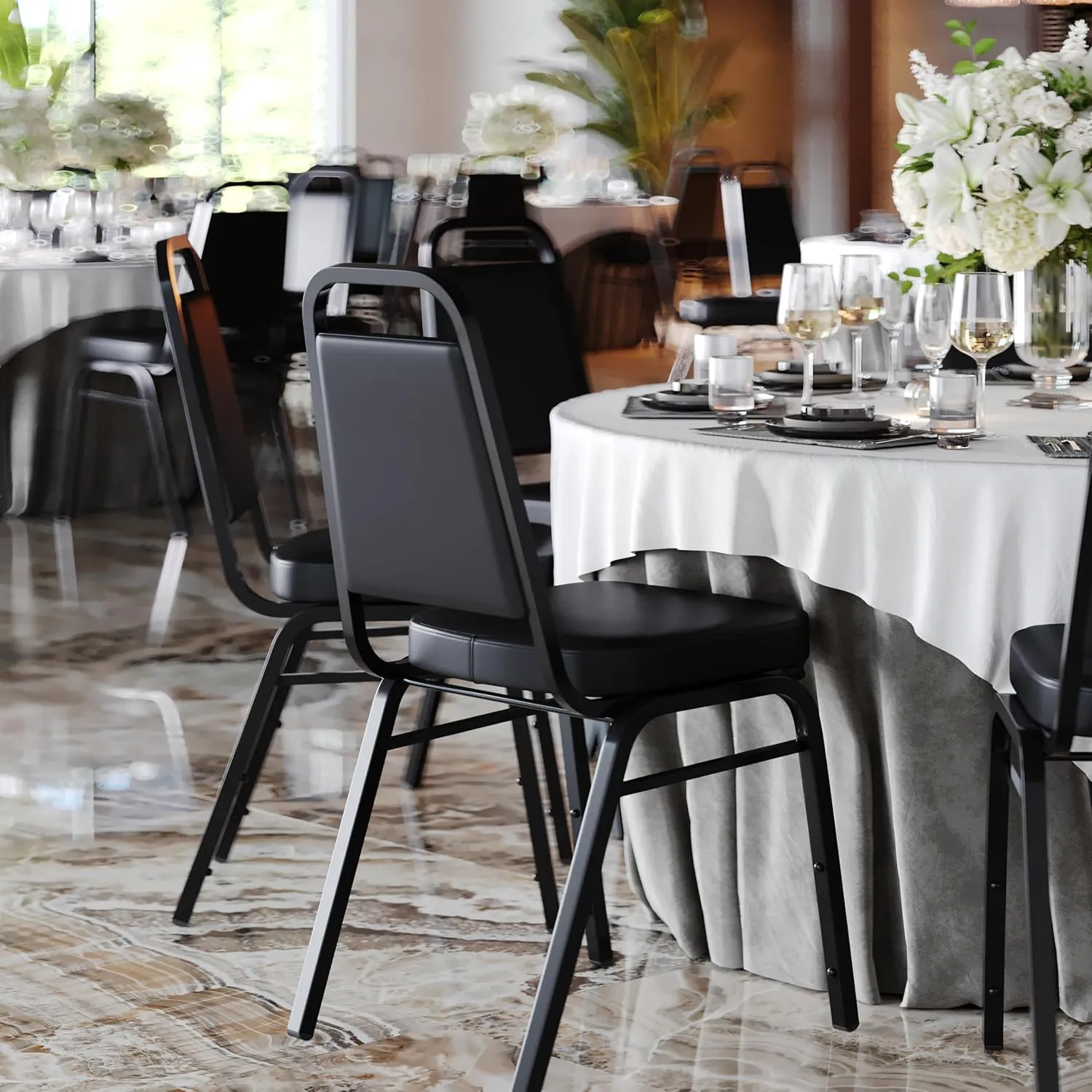 Flash Furniture 4 Pack Hercules Series Trapezoidal Back Stacking Banquet Chair, Set of 4, Black Vinyl/Black Frame