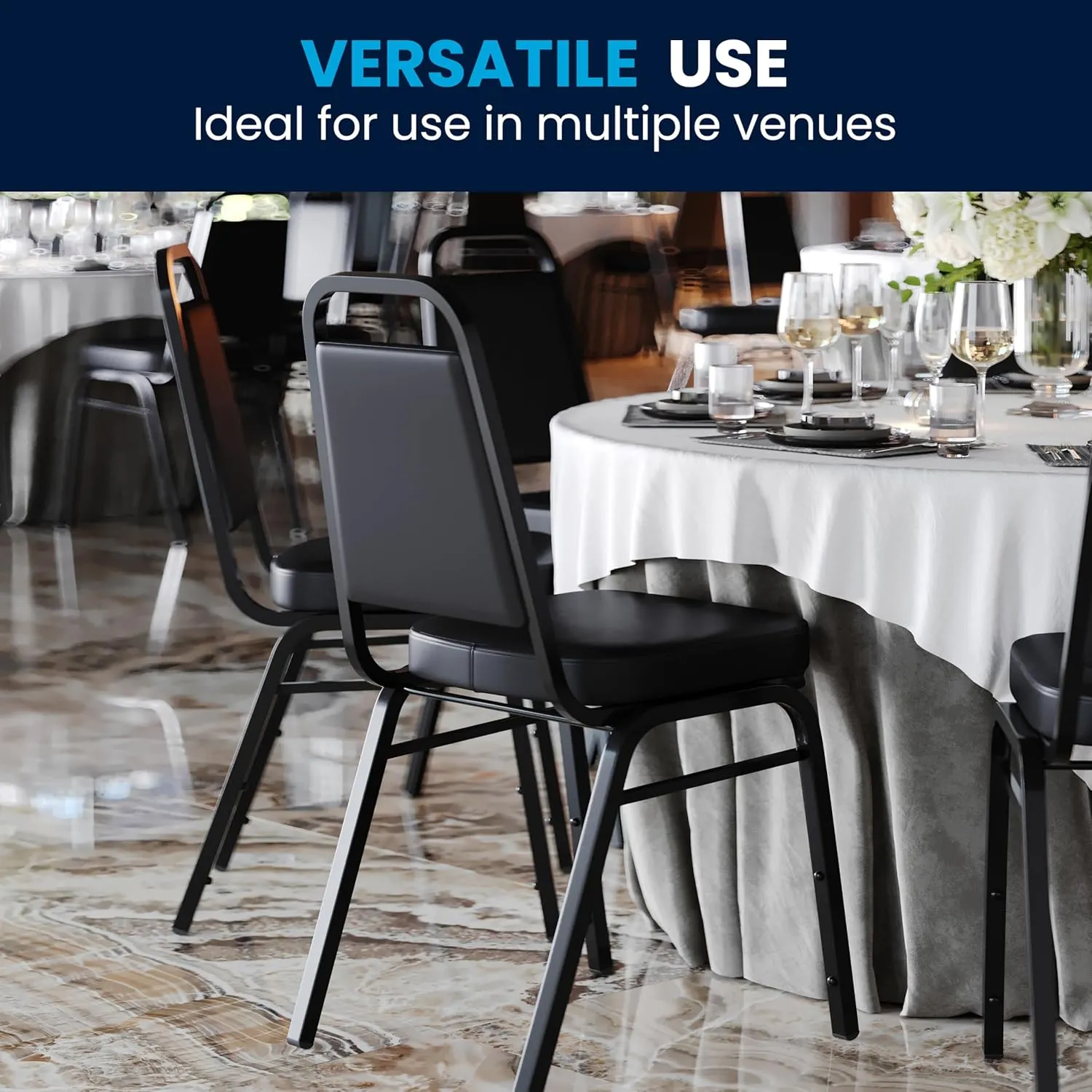 Flash Furniture 4 Pack Hercules Series Trapezoidal Back Stacking Banquet Chair, Set of 4, Black Vinyl/Black Frame