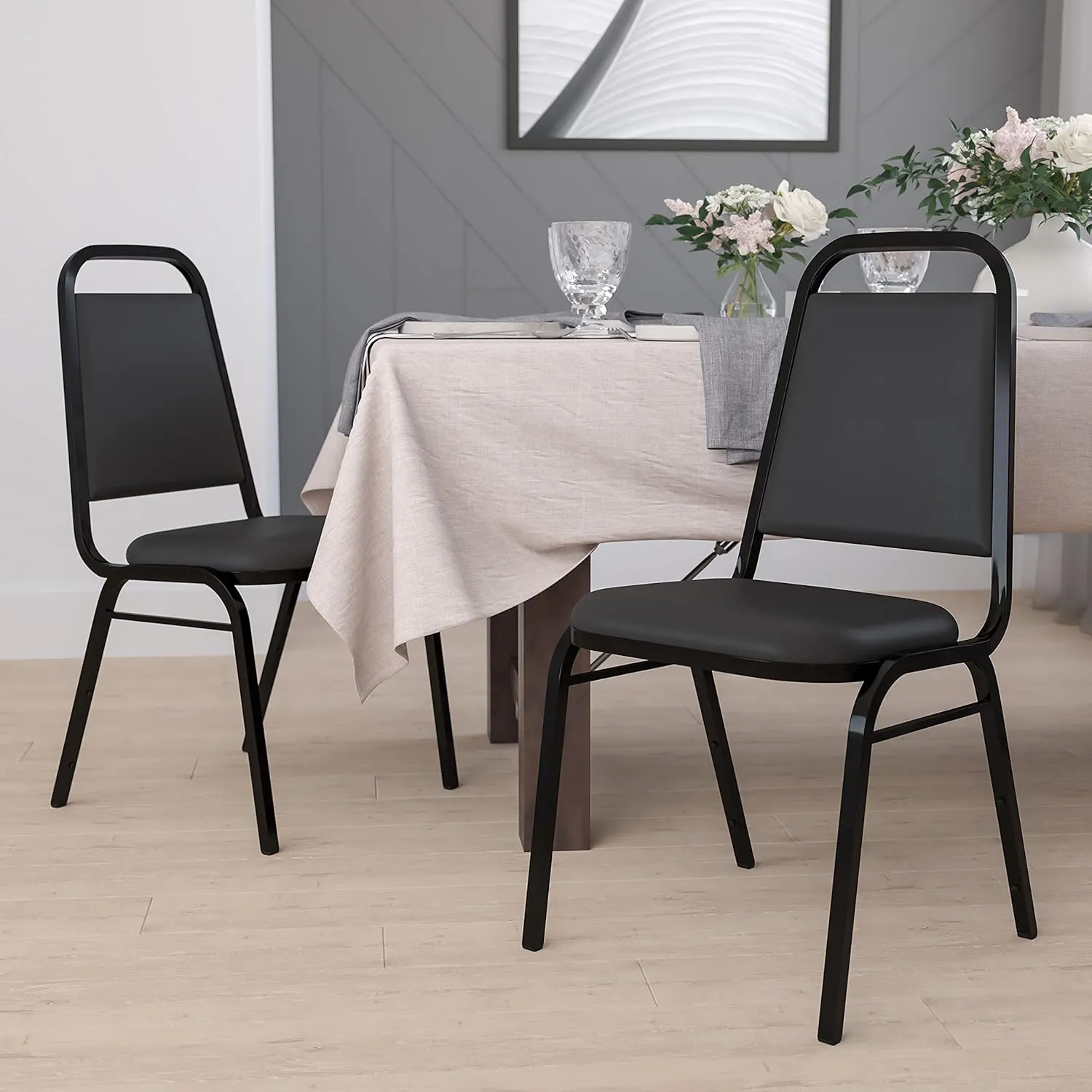 Flash Furniture 4 Pack Hercules Series Trapezoidal Back Stacking Banquet Chair, Set of 4, Black Vinyl/Black Frame