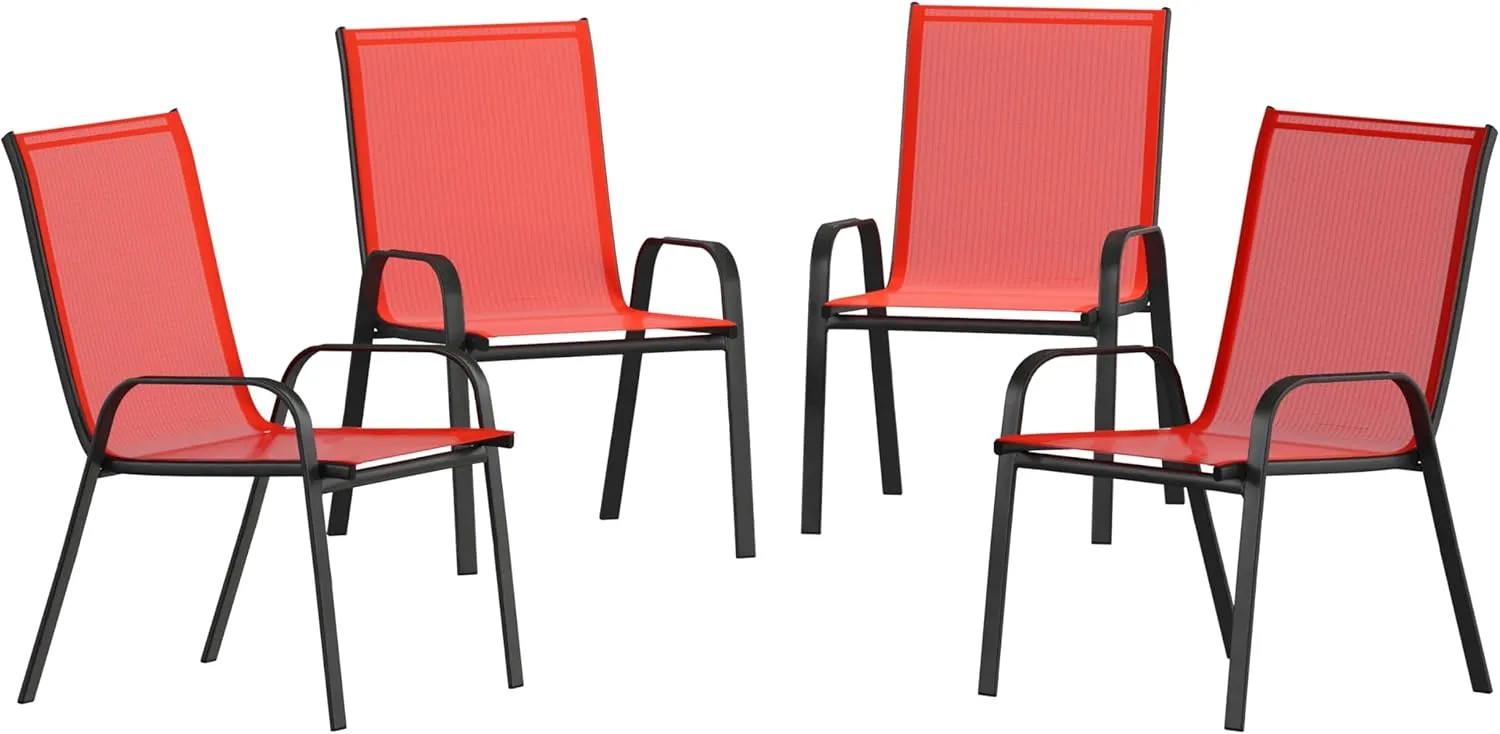 Flash Furniture Brazos Series Red Outdoor Stack Chair with Flex Comfort Material and Metal Frame, Set of 4