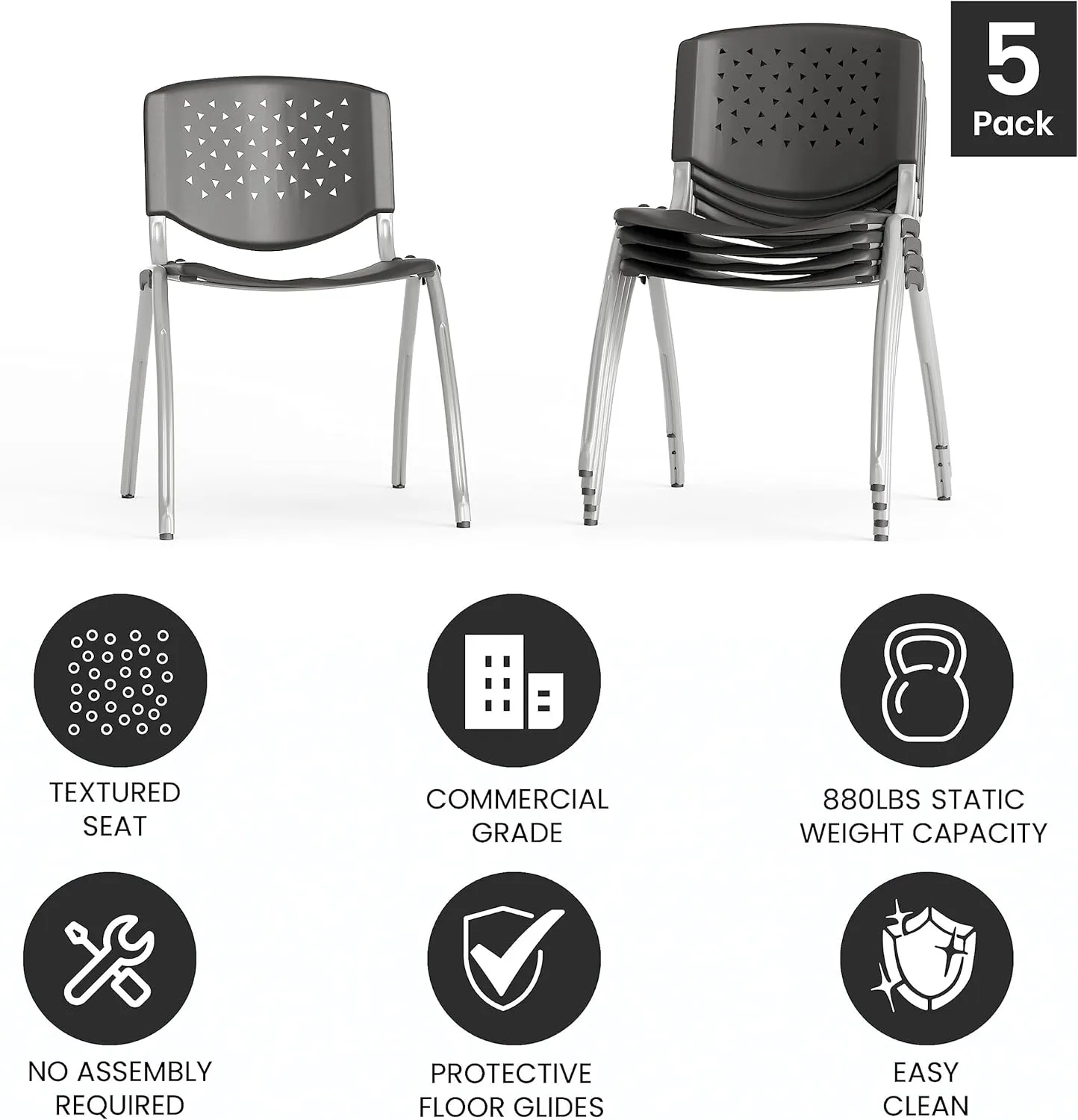 Flash Furniture HERCULES -5 Pack 880 lb. Capacity Gray Plastic Stack Chair | Comfortable Seating with Durable Design