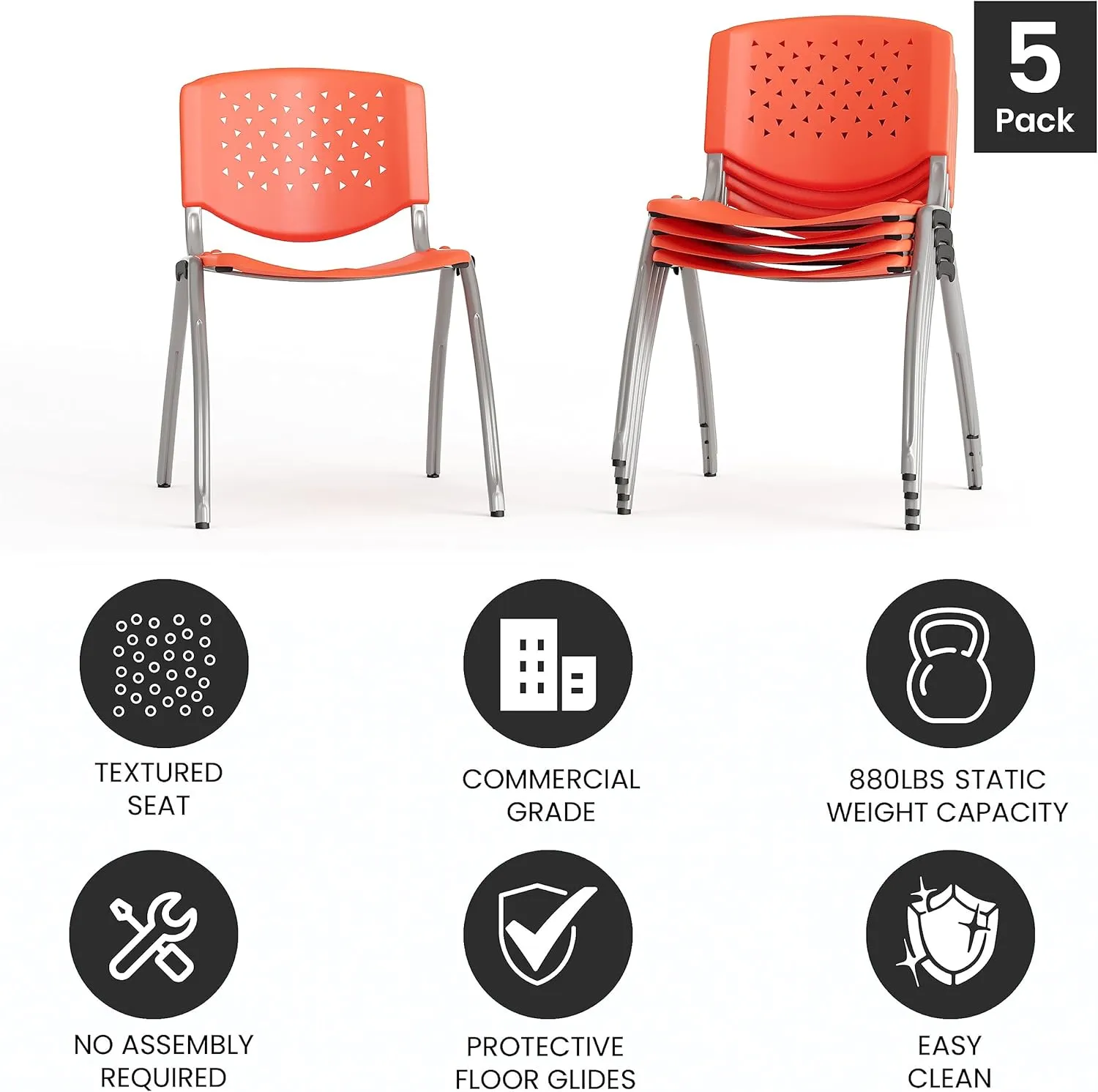 Flash Furniture HERCULES -5 Pack 880 lb. Capacity Orange Plastic Stack Chair | Comfortable Seating with Durable Design
