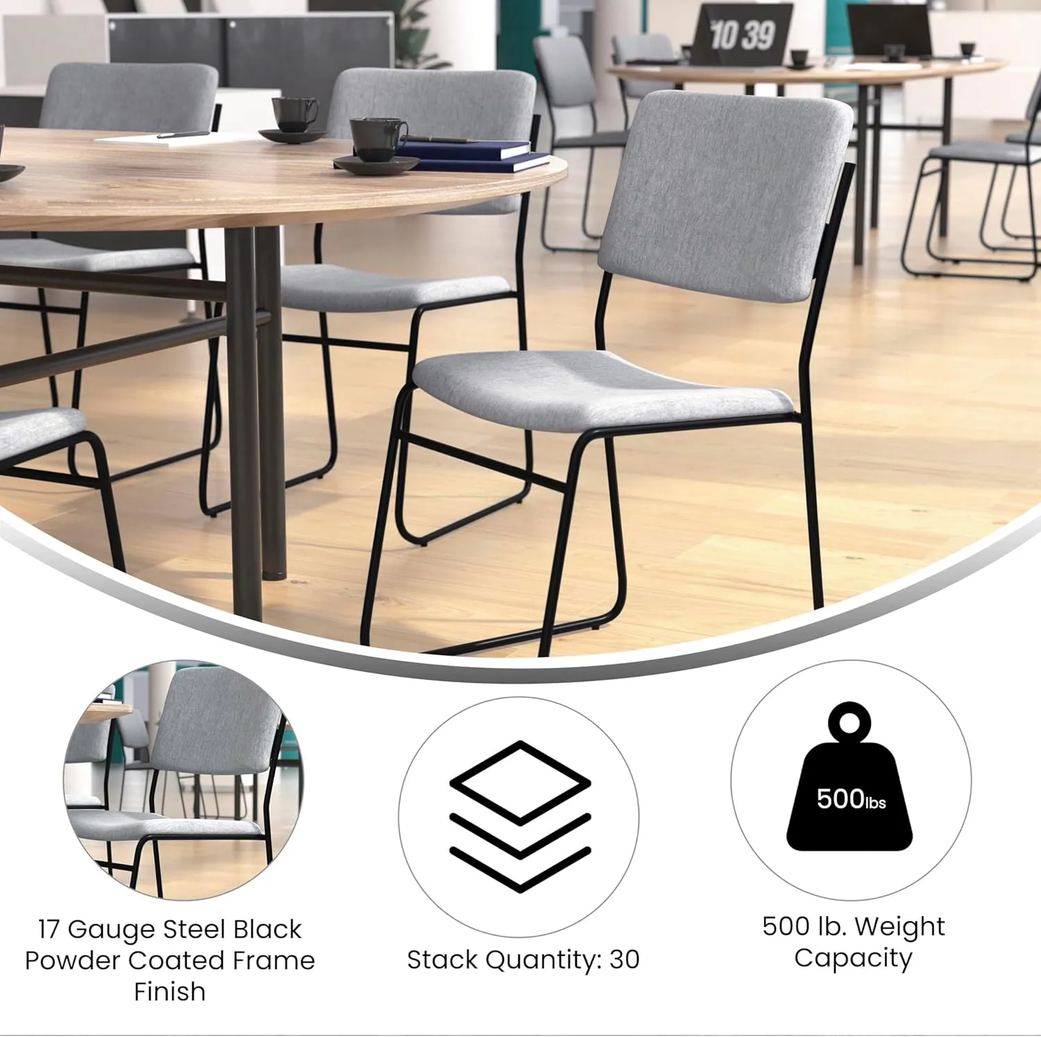 Flash Furniture HERCULES Series 500 lb. Capacity High Density Gray Fabric Stacking Chair with Sled Base