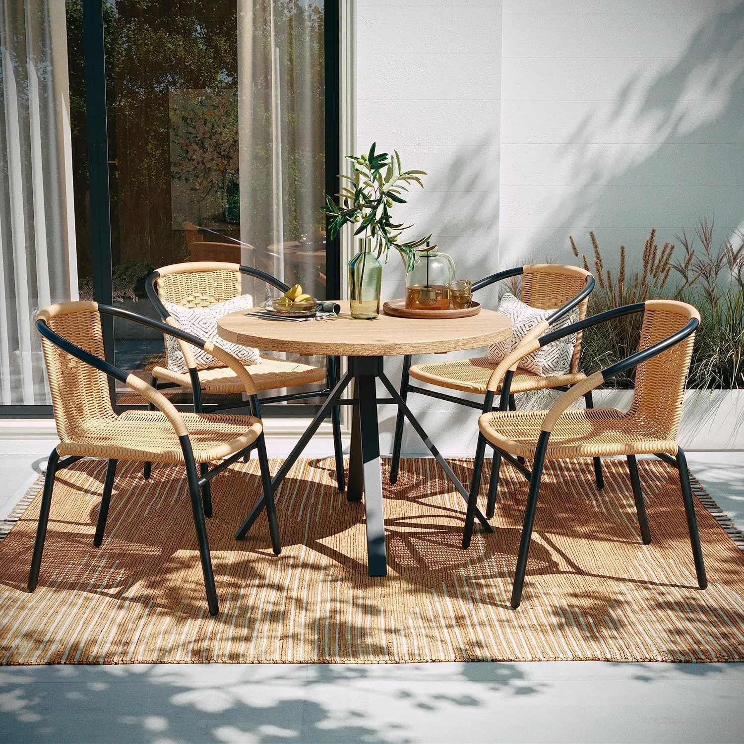Flash Furniture Lila 4 Pack Beige Rattan Indoor-Outdoor Restaurant Stack Chair | Versatile and Stylish Seating
