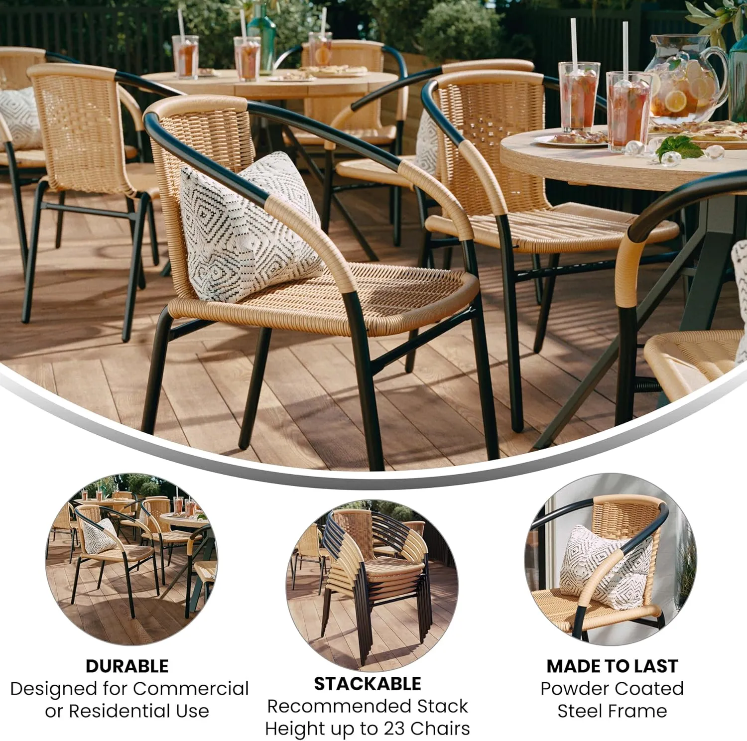 Flash Furniture Lila 4 Pack Beige Rattan Indoor-Outdoor Restaurant Stack Chair | Versatile and Stylish Seating