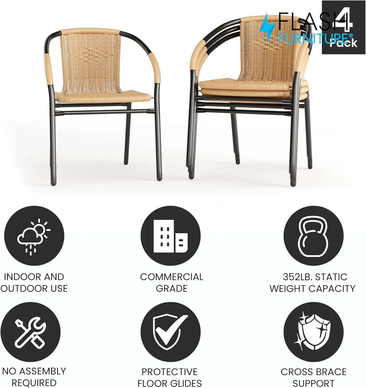 Flash Furniture Lila 4 Pack Beige Rattan Indoor-Outdoor Restaurant Stack Chair | Versatile and Stylish Seating