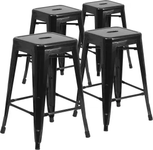Flash Furniture Lily 4 Pack Commercial Grade 24" High Backless Black Metal Indoor-Outdoor Counter Height Stool with Square Seat