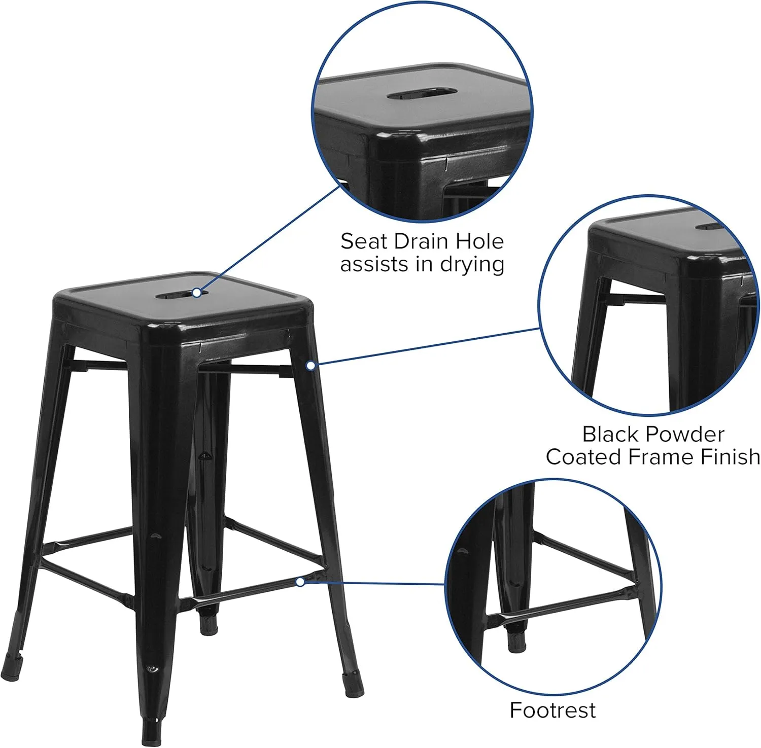 Flash Furniture Lily 4 Pack Commercial Grade 24" High Backless Black Metal Indoor-Outdoor Counter Height Stool with Square Seat