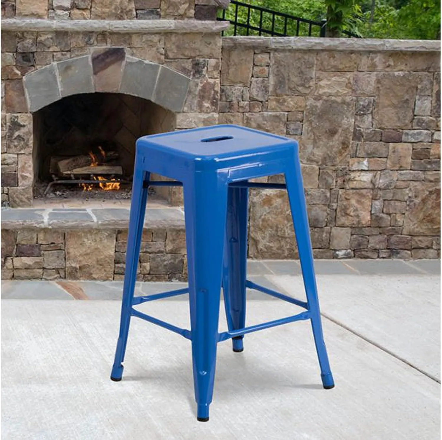 Flash Furniture Lily 4 Pack Commercial Grade 24" High Backless Blue Metal Indoor-Outdoor Counter Height Stool with Square Seat