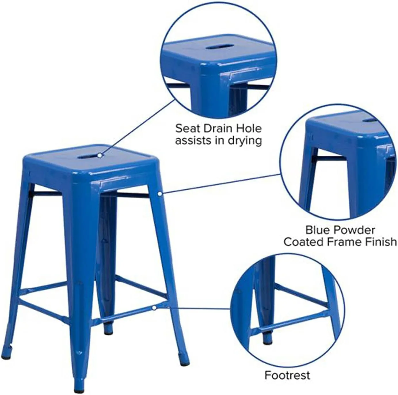 Flash Furniture Lily 4 Pack Commercial Grade 24" High Backless Blue Metal Indoor-Outdoor Counter Height Stool with Square Seat