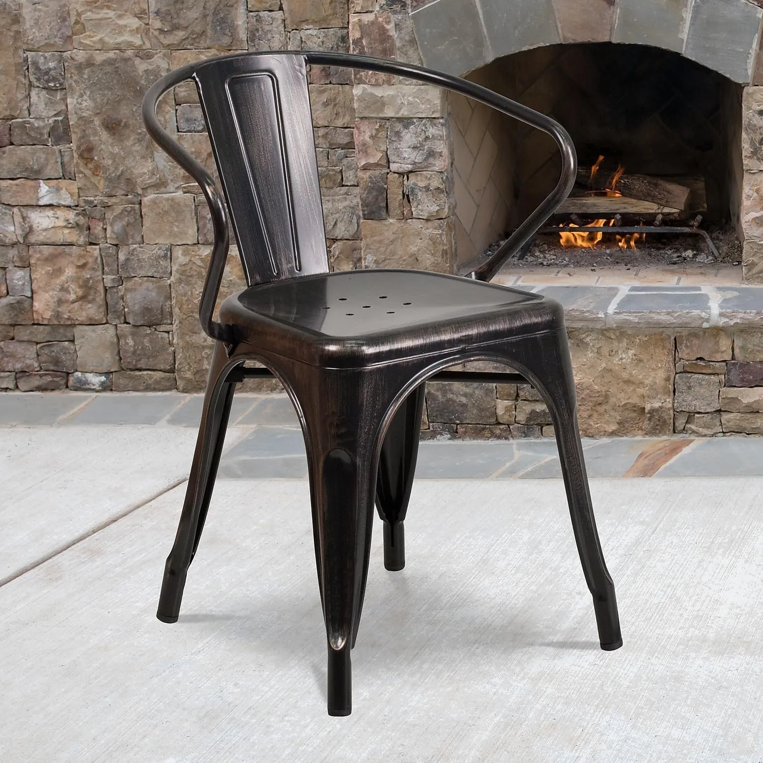 Flash Furniture Luna Commercial Grade Black-Antique Gold Metal Indoor-Outdoor Chair with Arms