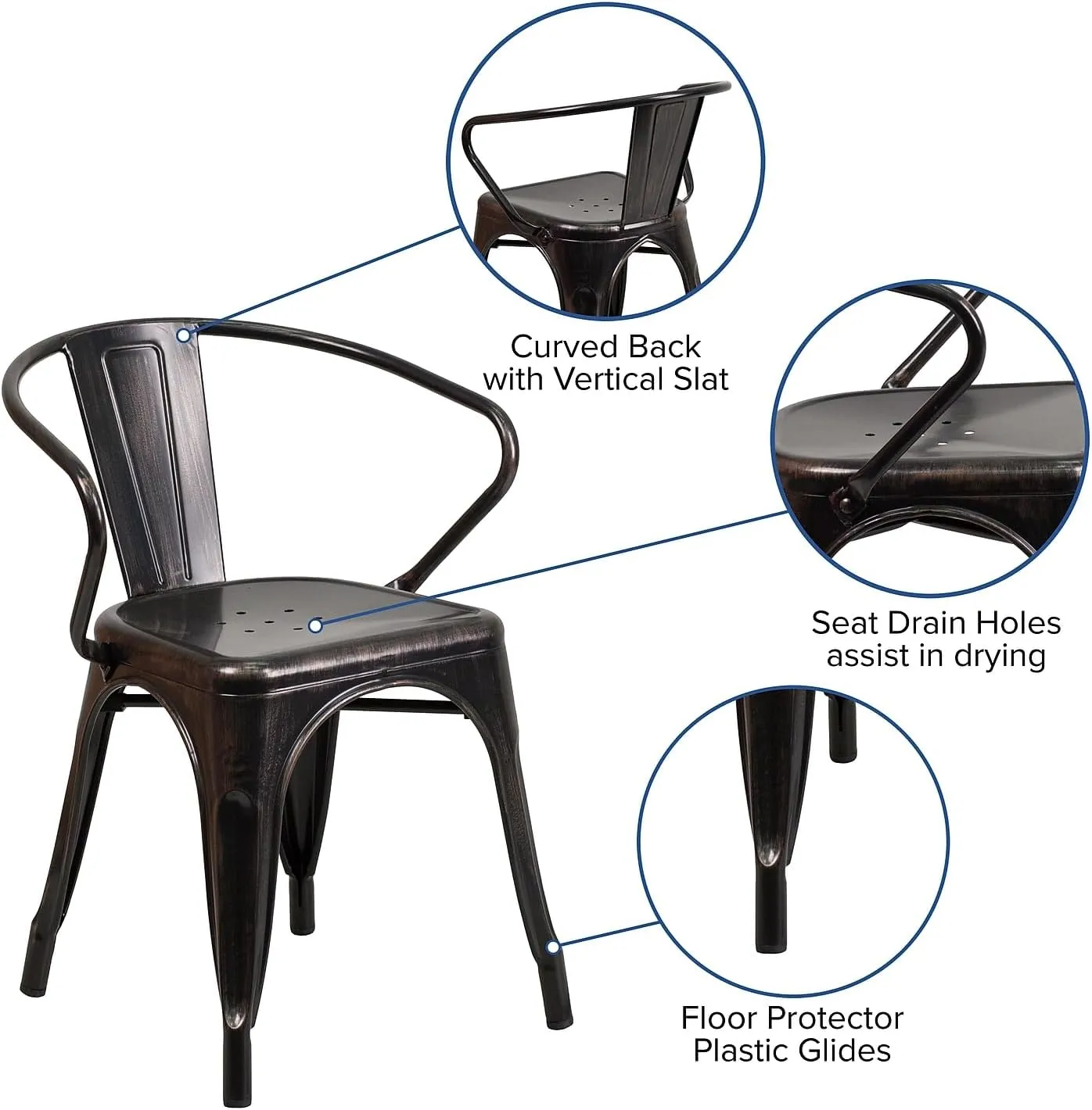 Flash Furniture Luna Commercial Grade Black-Antique Gold Metal Indoor-Outdoor Chair with Arms