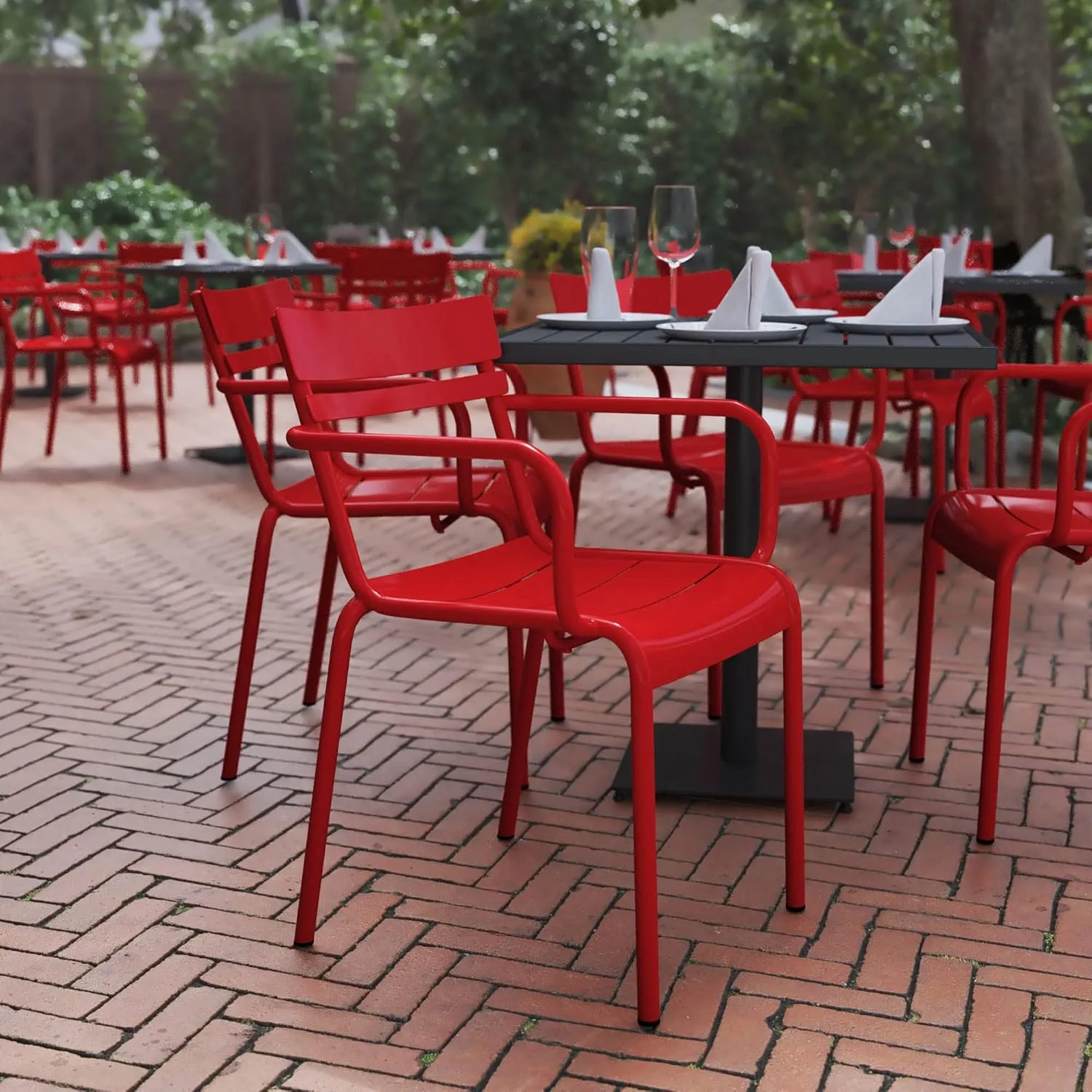 Flash Furniture Nash Commercial Grade Steel Stack Chair, Indoor-Outdoor Arm Chair with 2 Slat Back, Red