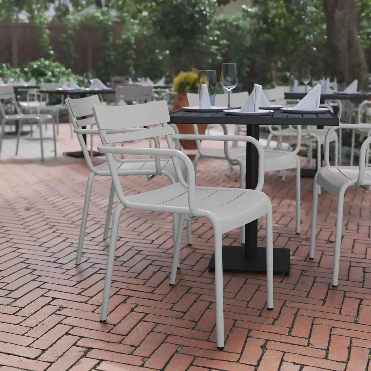 Flash Furniture Nash Commercial Grade Steel Stack Chair, Indoor-Outdoor Arm Chair with 2 Slat Back, Silver