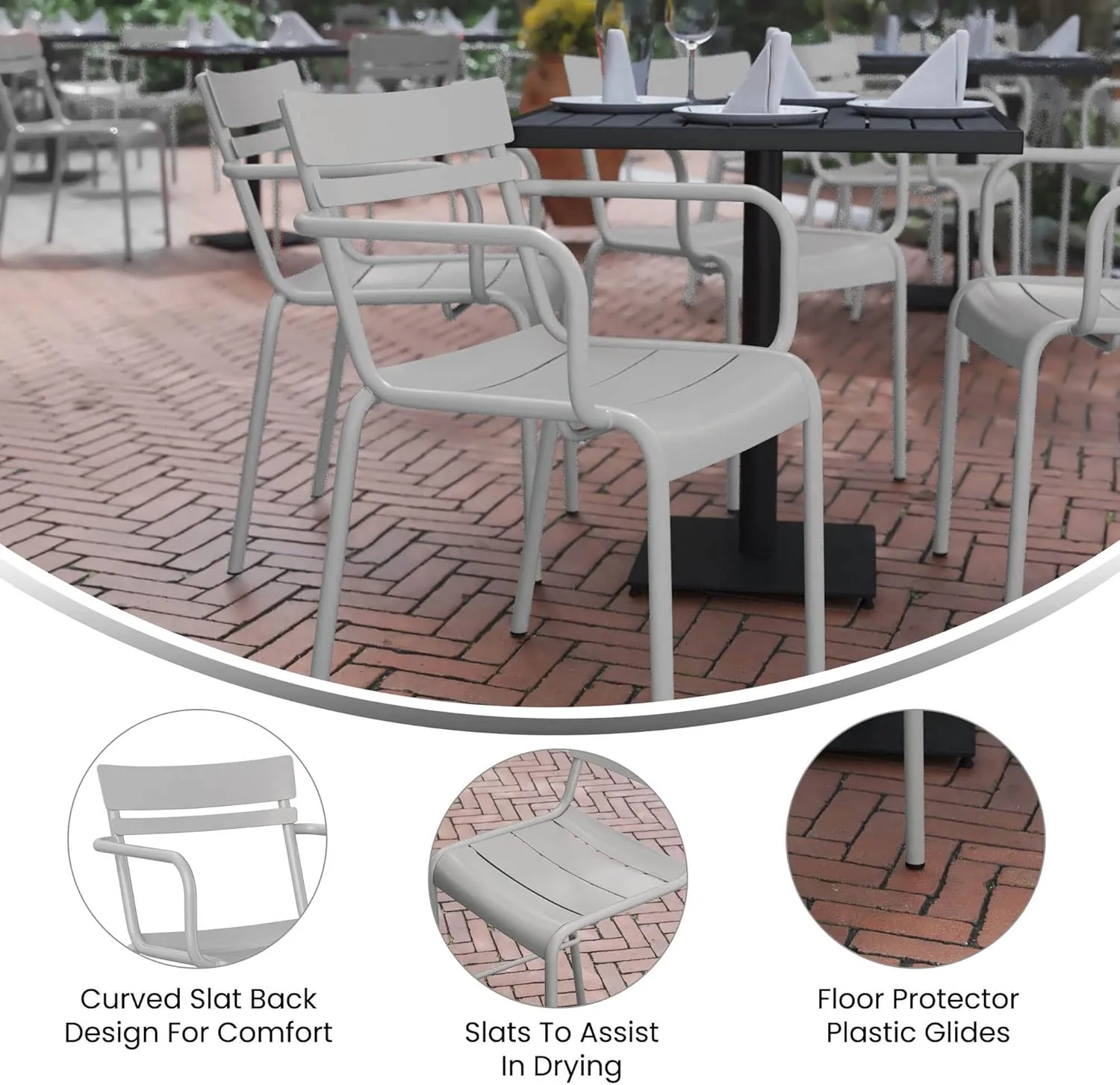 Flash Furniture Nash Commercial Grade Steel Stack Chair, Indoor-Outdoor Arm Chair with 2 Slat Back, Silver