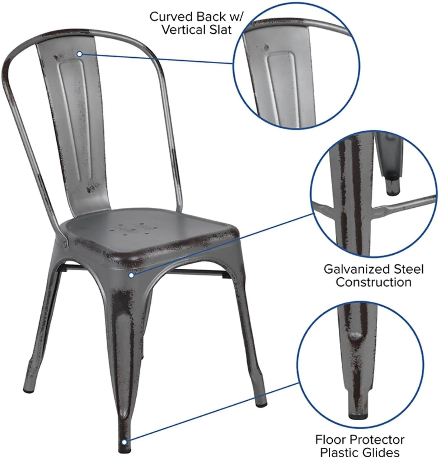Flash Furniture Tenley Commercial Grade Distressed Silver Gray Metal Indoor-Outdoor Stackable Chair