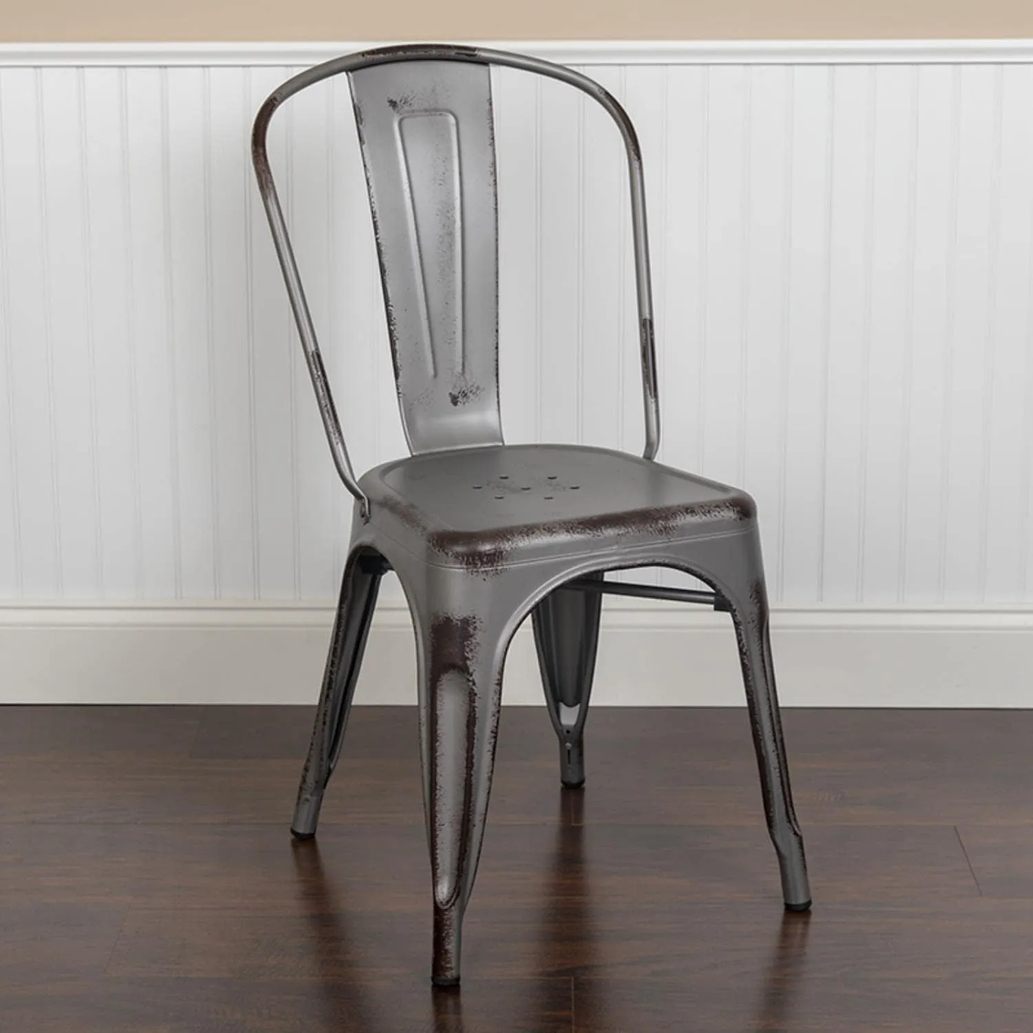 Flash Furniture Tenley Commercial Grade Distressed Silver Gray Metal Indoor-Outdoor Stackable Chair