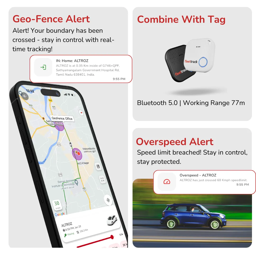 FleetTrack OBD GPS Tracker for Car | 1 Yr Free App & SIM (Zero Activation Charges) | 15  Features | Easy Plug & Play | Real-Time Location, Hidden Voice Monitoring, Driving History & Geofence Alerts