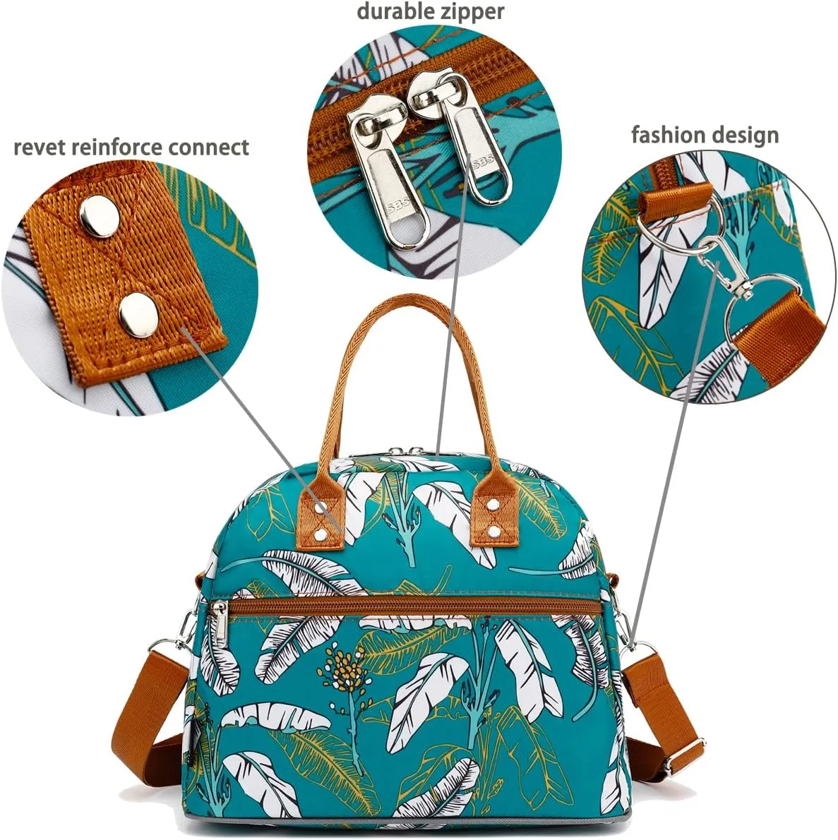 FlowFly Insulated Lunch Bag With Shoulder Strap for Women, Men, and Kids, Large and Reusable, Handle, Freezable Work and School Travel Tote and Meal Prep Organizer, leaves