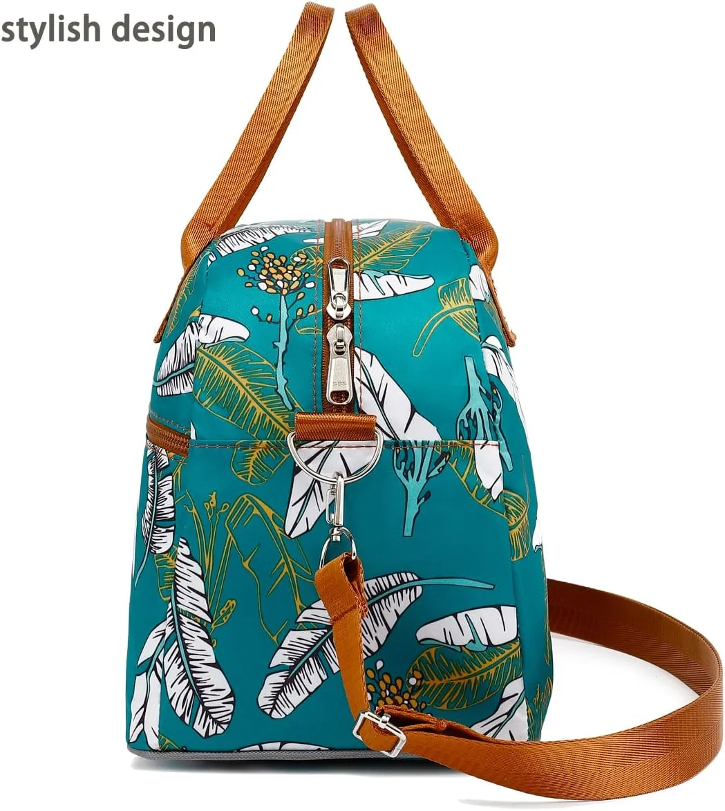 FlowFly Insulated Lunch Bag With Shoulder Strap for Women, Men, and Kids, Large and Reusable, Handle, Freezable Work and School Travel Tote and Meal Prep Organizer, leaves