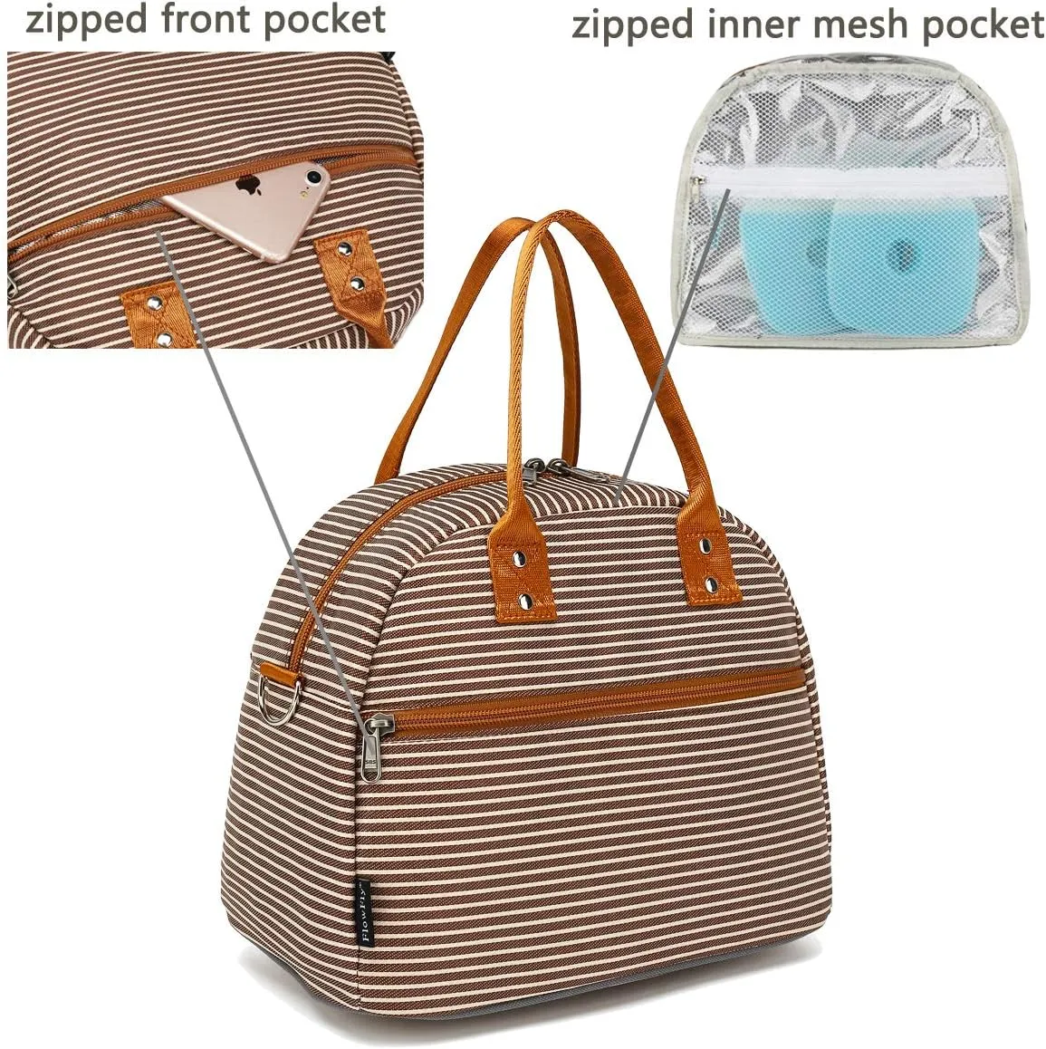 FlowFly Insulated Lunch Bag With Shoulder Strap for Women, Men, and Kids, Large and Reusable, Handle, Freezable Work and School Travel Tote and Meal Prep Organizer,Coffee