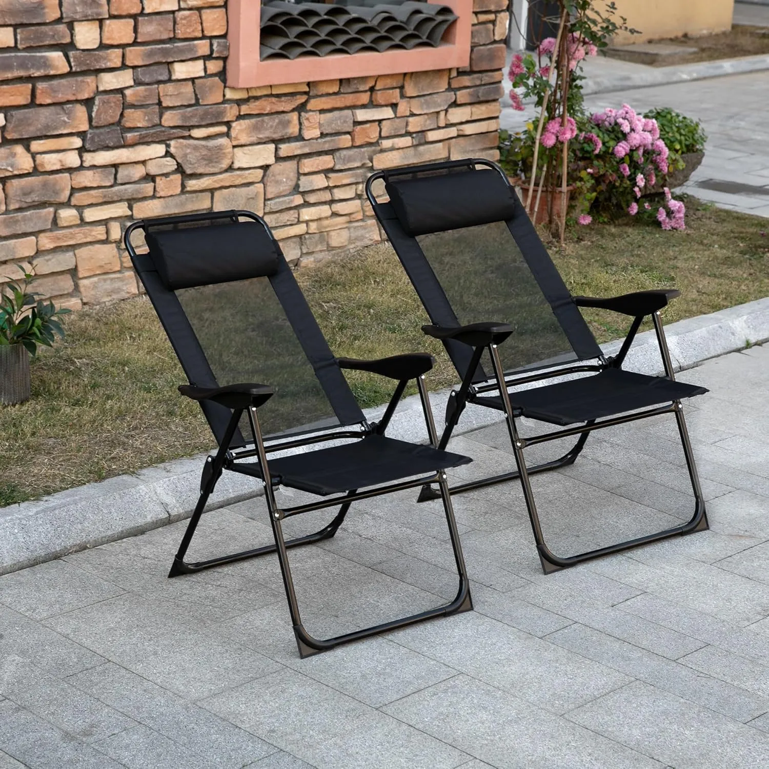 Folding Patio Chairs, Set of 2, Adjustable Sling Back, Black Mesh, Outdoor Deck Camping Chair (Chair 2)